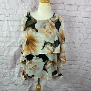 DKNY Beige Floral Layered ruffle peasant Blouse sz L boho coquette girl metallic